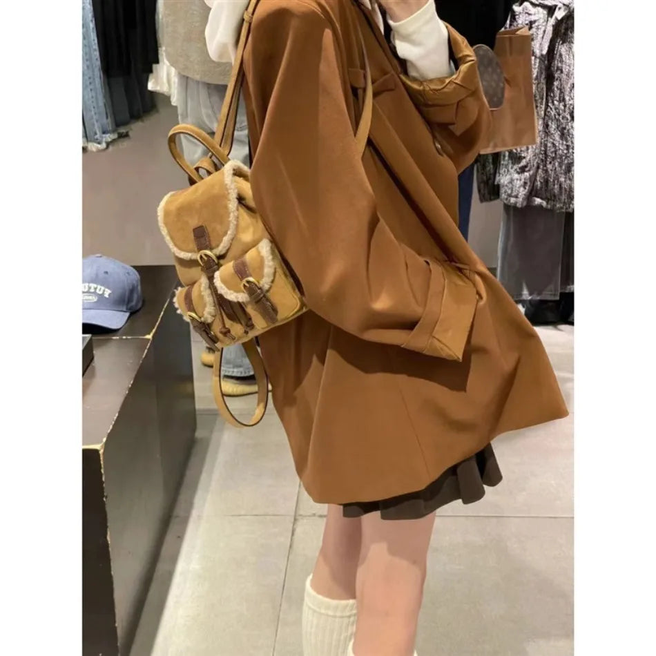 Retro Velvet Pocket Backpack Korean Indie Suede Casual Women’s Backpack New Autumn/Winter Style Versatile Patchwork School Bag
