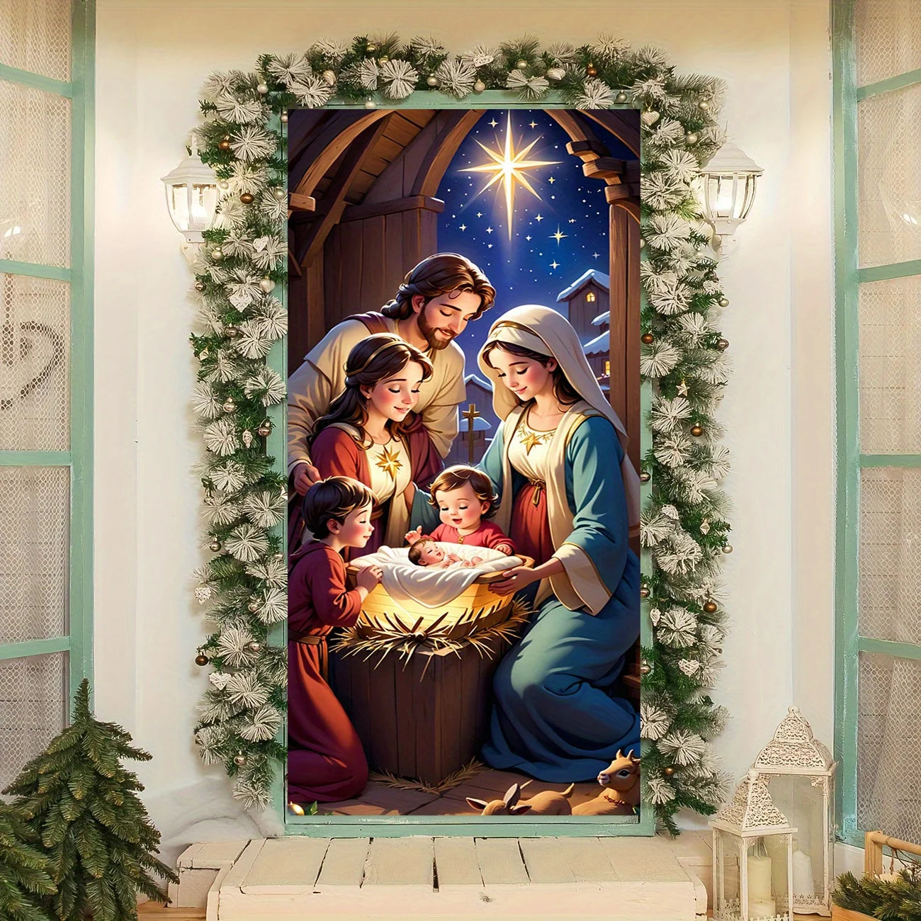 A Christmas door ornament with a warm family scene and elegant floral wreath