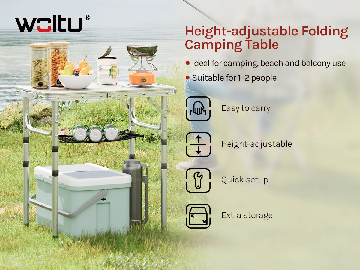 WOLTU Folding Table Height Adjustable Portable Table Top with Storage Net and Hooks for Picnic Garden Camping Outdoor