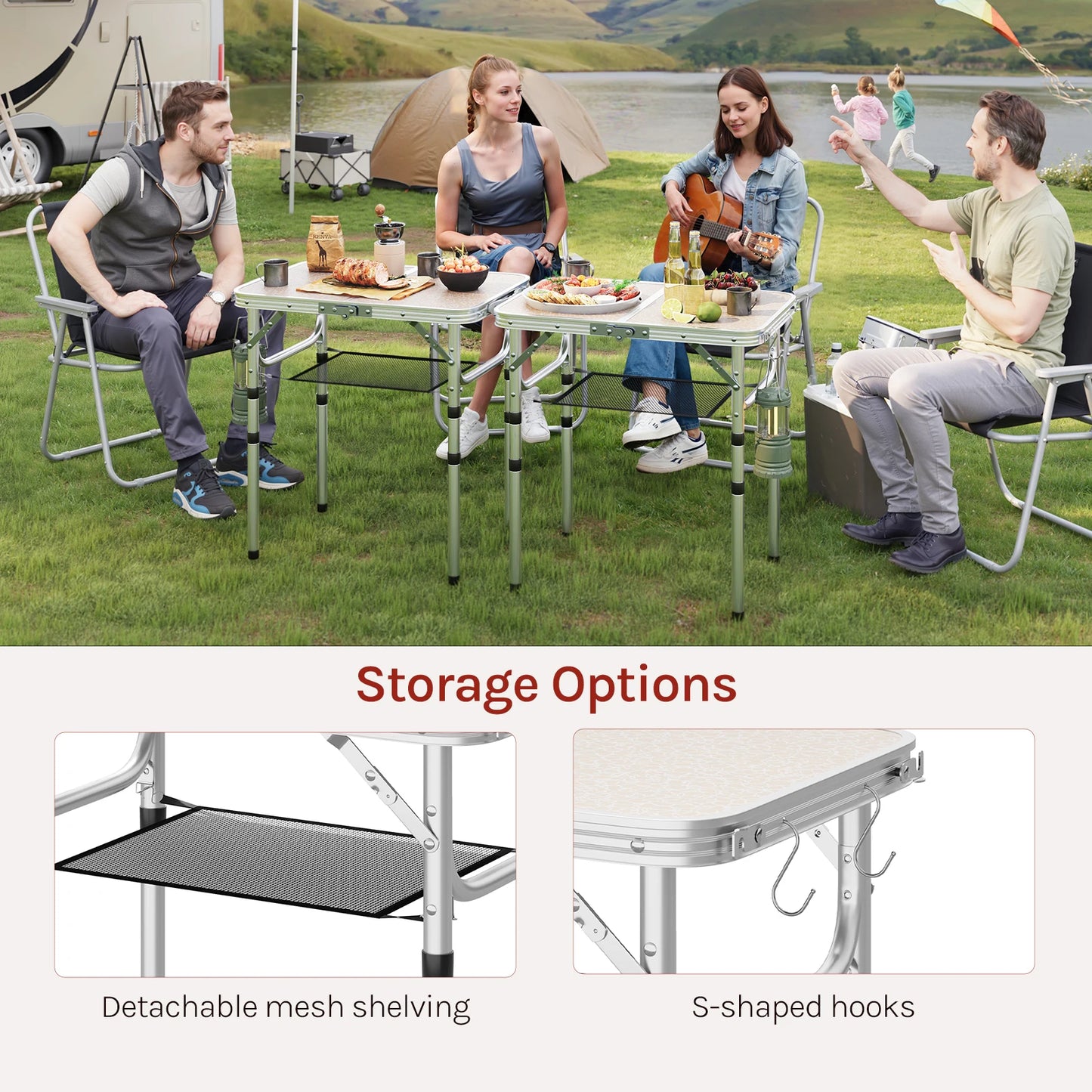WOLTU Folding Table Height Adjustable Portable Table Top with Storage Net and Hooks for Picnic Garden Camping Outdoor