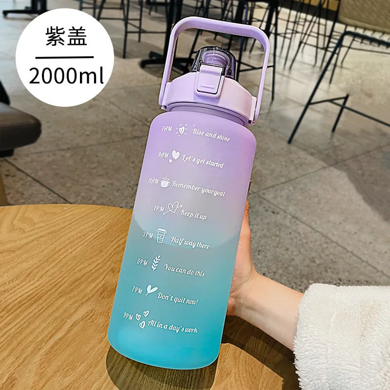 2000ML colourful Sports Water Bottle with Time Marker and Leak-proof Cup