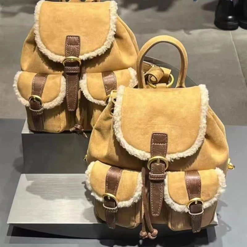 Retro Velvet Pocket Backpack Korean Indie Suede Casual Women’s Backpack New Autumn/Winter Style Versatile Patchwork School Bag