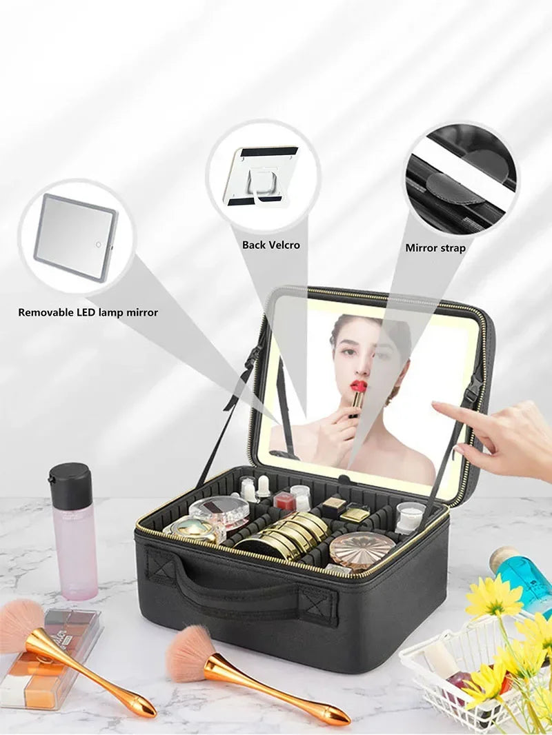LED Lighted Makeup Bag with Mirror Large Capacity Travel Cosmetic Case Women Beauty Storage Organizer