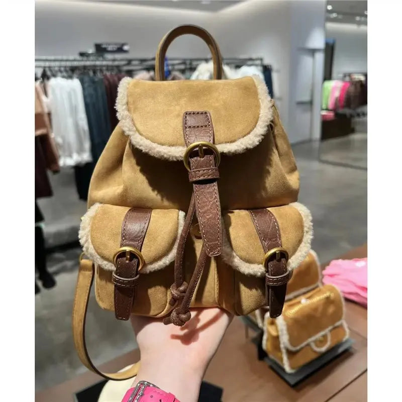 Retro Velvet Pocket Backpack Korean Indie Suede Casual Women’s Backpack New Autumn/Winter Style Versatile Patchwork School Bag