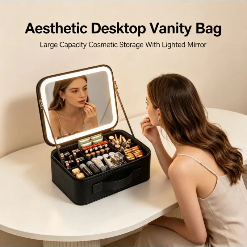 LED Lighted Makeup Bag with Mirror Large Capacity Travel Cosmetic Case Women Beauty Storage Organizer