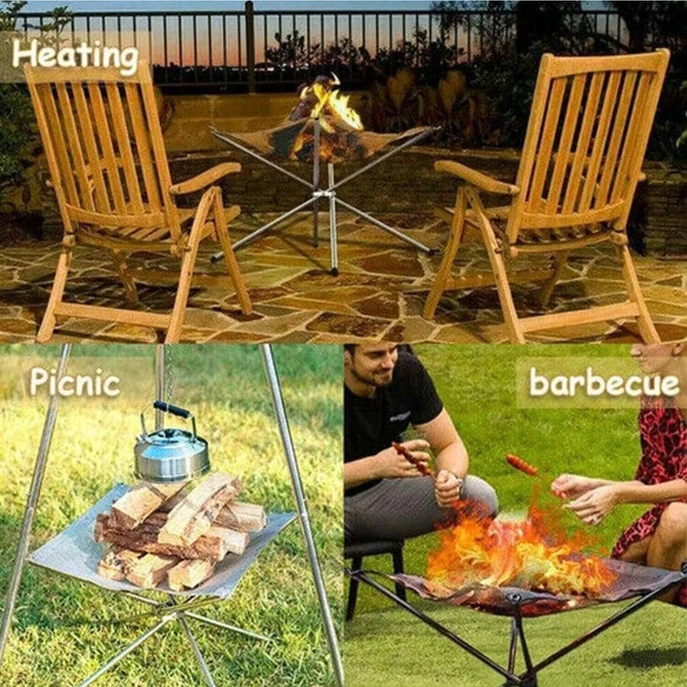 Portable Outdoor BBQ Bonfire Rack, BBQ Fire Pit Grill, Stainless Steel Mesh Fire Pit Wood Stove Stand, Foldable Fire Frame Rack