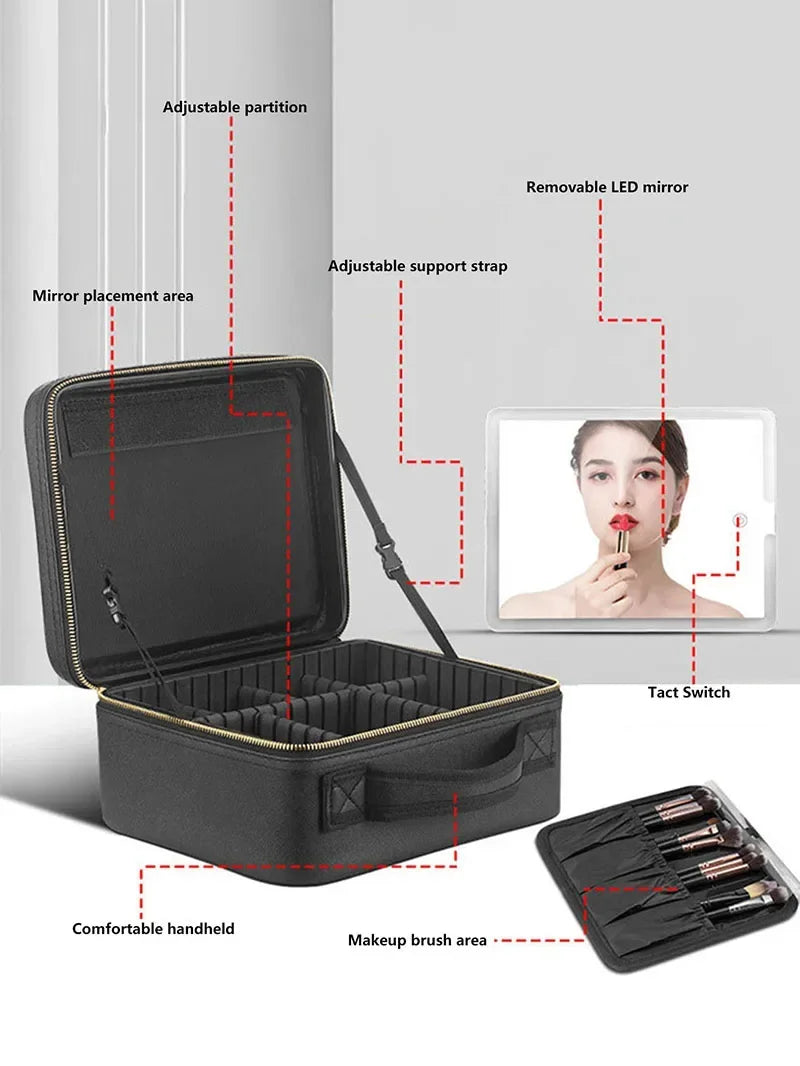 LED Lighted Makeup Bag with Mirror Large Capacity Travel Cosmetic Case Women Beauty Storage Organizer