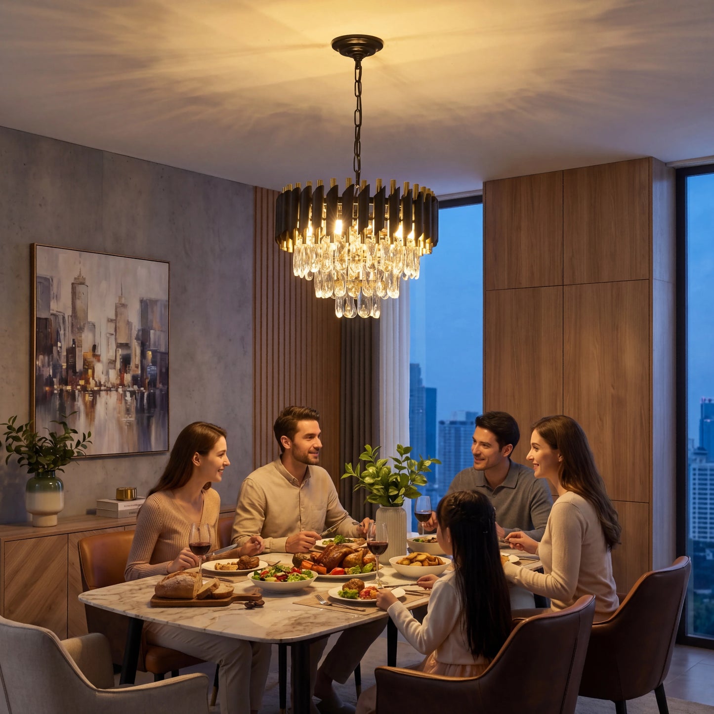 Modern Black and Gold Crystal Chandelier, Adjustable Chain Hanging Ceiling Light Fixture - dining room/living room/bedroom/foyer