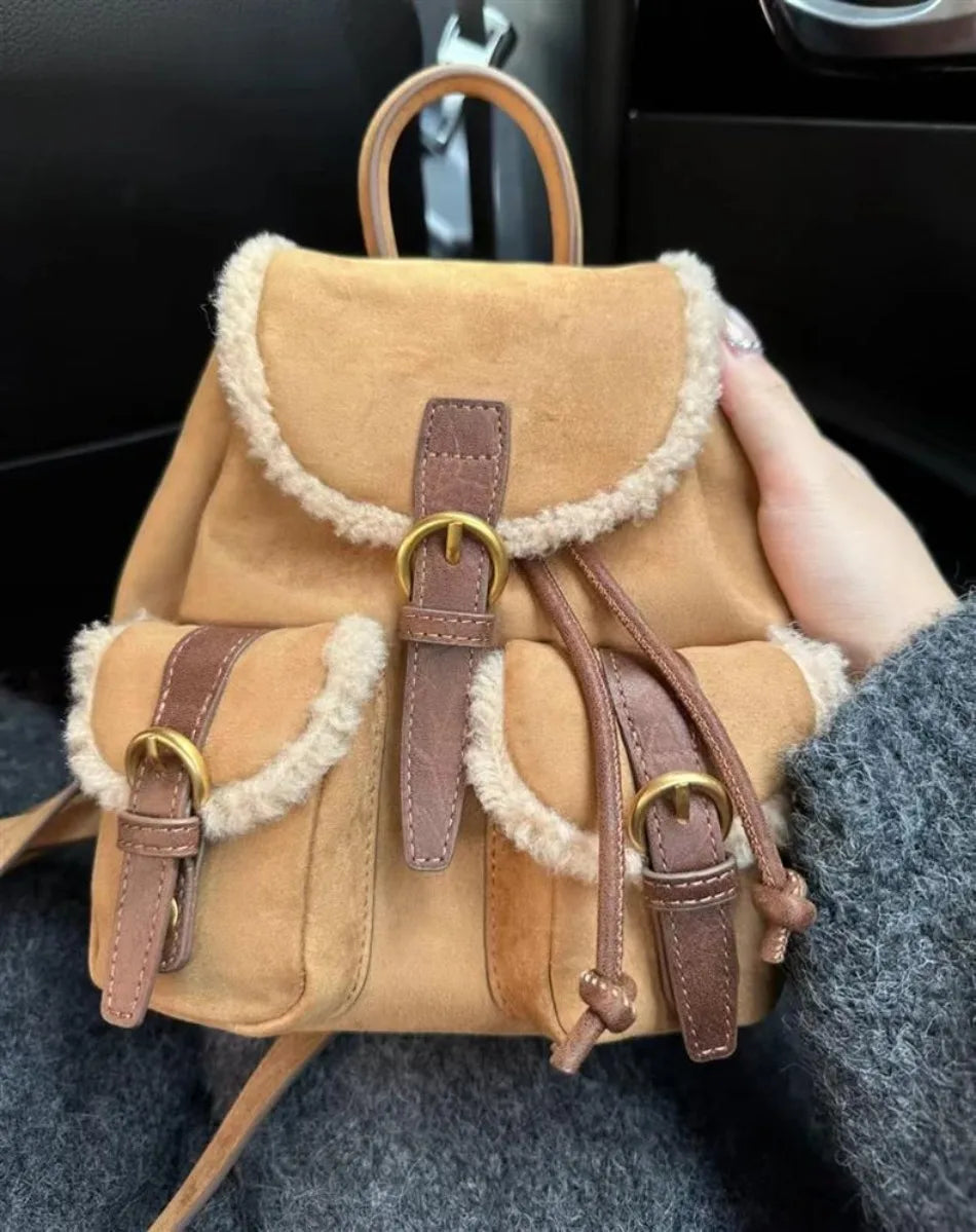 Retro Velvet Pocket Backpack Korean Indie Suede Casual Women’s Backpack New Autumn/Winter Style Versatile Patchwork School Bag