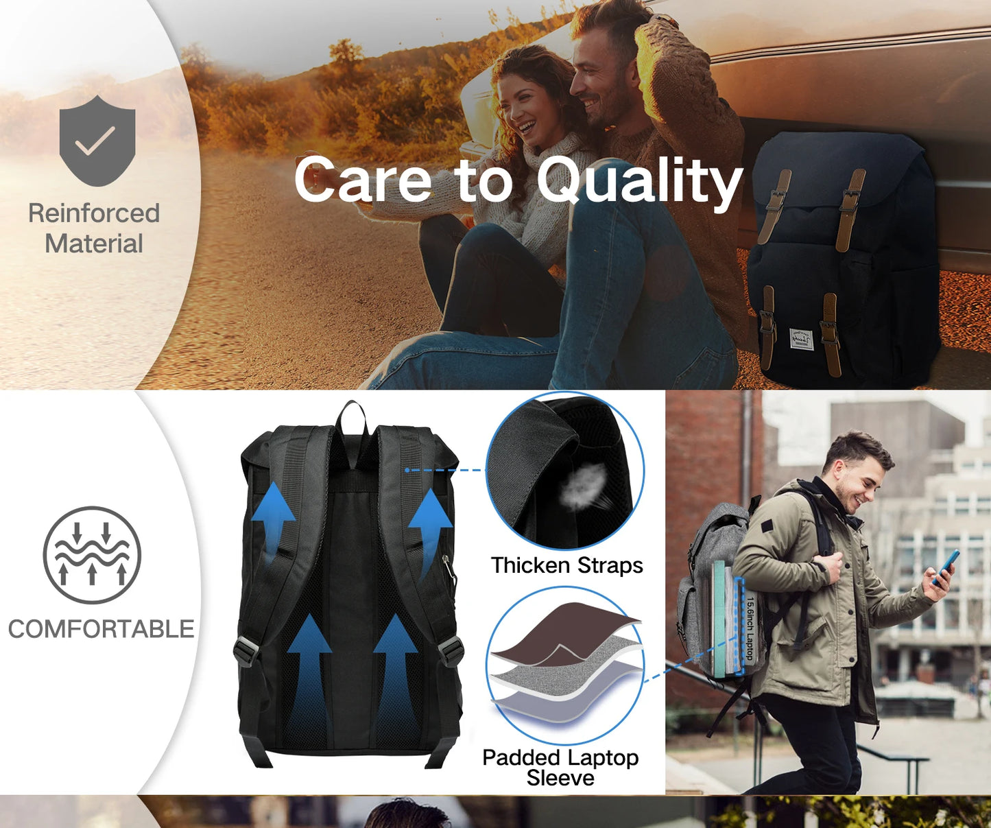 Unisex Vintage Backpack 26L Large Capacity School Rucksack for Men And Women Water Resistant 15.6inch Laptop Compartment Casual Travel Bag