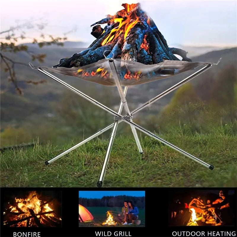 Portable Outdoor BBQ Bonfire Rack, BBQ Fire Pit Grill, Stainless Steel Mesh Fire Pit Wood Stove Stand, Foldable Fire Frame Rack