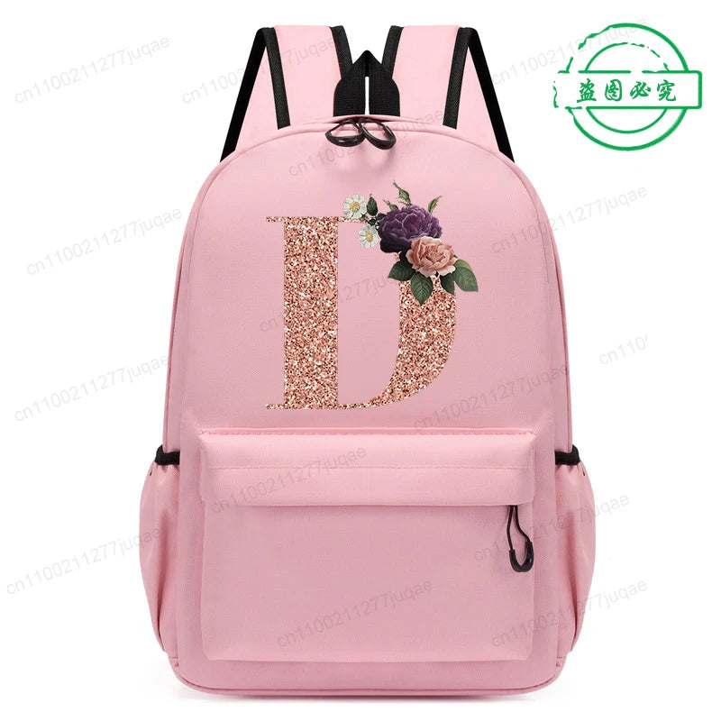 Cute Rose Gold Letter A~Z Kawaii Back To School Backpack for Girl Boy Children Rucksack Fashion Casual School Bags Birthday Gift