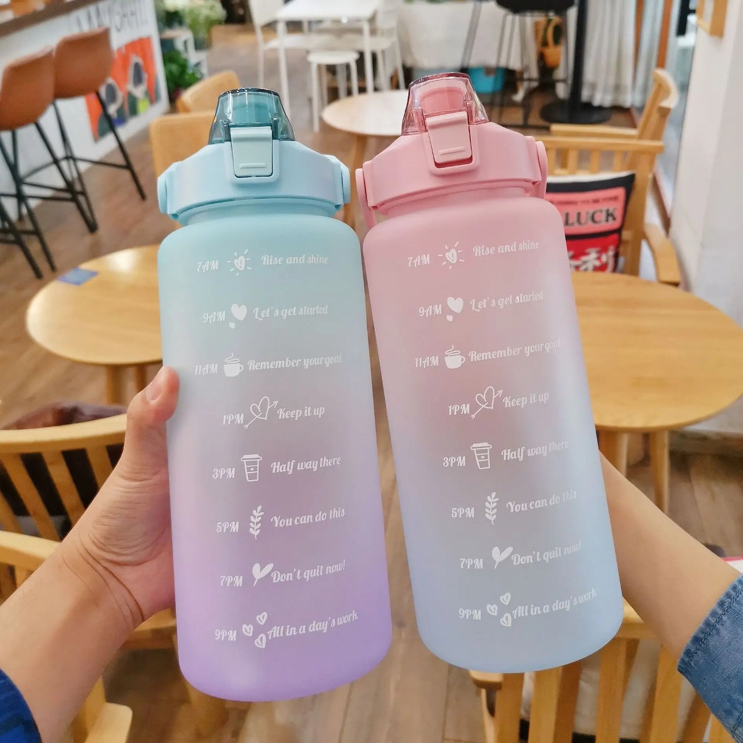 2000ML colourful Sports Water Bottle with Time Marker and Leak-proof Cup