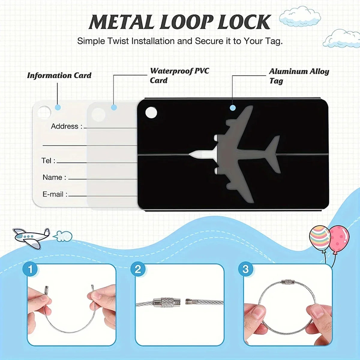 Aluminium Alloy Aircraft Luggage Tag with Name Travel Luggage Tag ID Card Anti-lost Solid Colour Travel Accessories