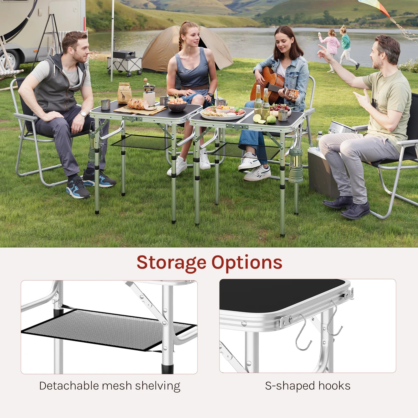 WOLTU Folding Table Height Adjustable Portable Table Top with Storage Net and Hooks for Picnic Garden Camping Outdoor