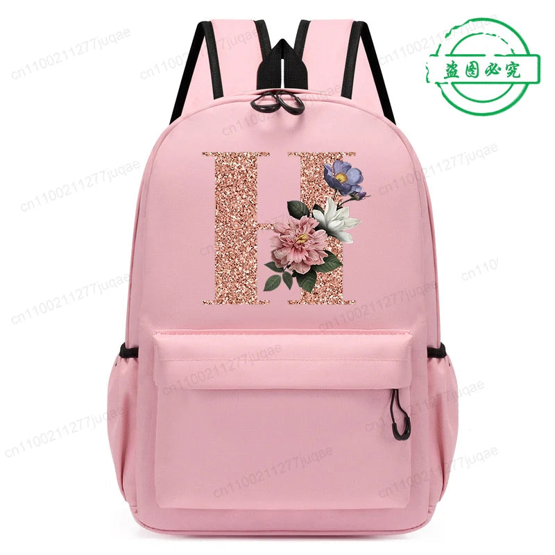 Cute Rose Gold Letter A~Z Kawaii Back To School Backpack for Girl Boy Children Rucksack Fashion Casual School Bags Birthday Gift