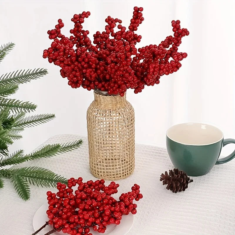 12PCS Set of Bright Red Artificial Christmas Tree Decoration Berries - DIY Holiday Decoration