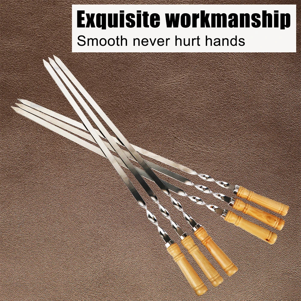 6Pcs Long Handle Shish Kebab Wood BBQ Fork Stainless steel Outdoors Grill Needle Barbecue Grill Stick 55cm 21.65" BBQ Skewers