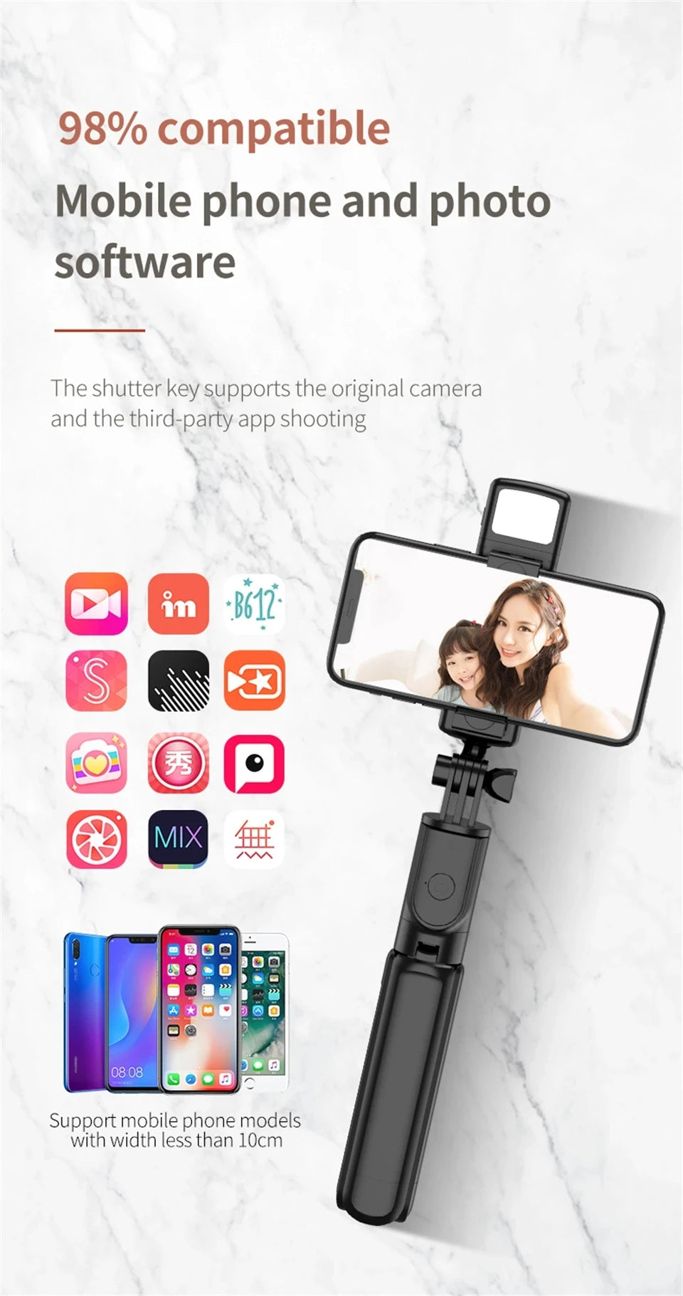 New Tripod for Smartphone Camera, Stand with Bluetooth Shutter and Light, Wireless Selfie Stick Brackets with Phone Holde
