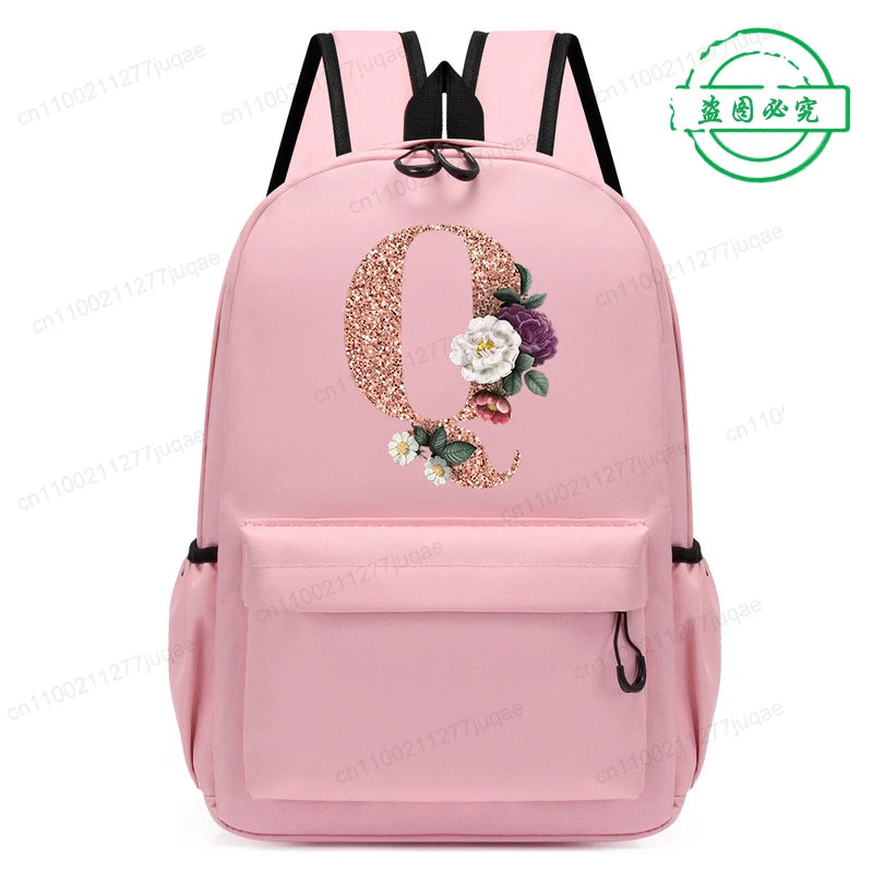 Cute Rose Gold Letter A~Z Kawaii Back To School Backpack for Girl Boy Children Rucksack Fashion Casual School Bags Birthday Gift
