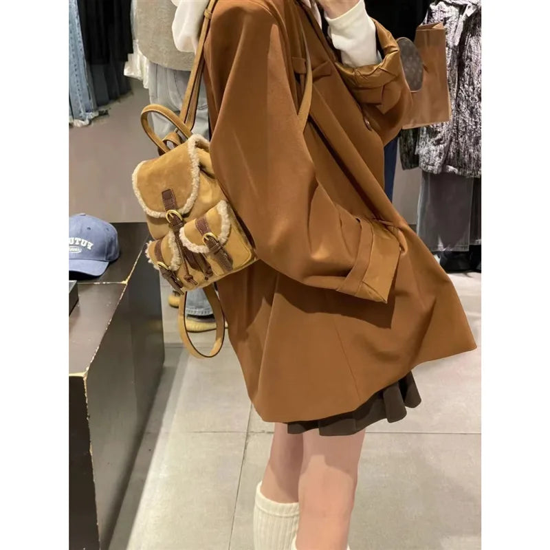 Retro Velvet Pocket Backpack Korean Indie Suede Casual Women’s Backpack New Autumn/Winter Style Versatile Patchwork School Bag