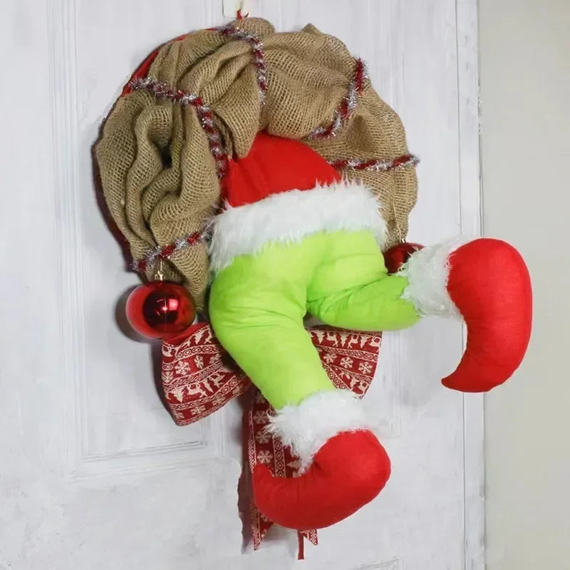 Grinch Leg Wreath Door Hanging - Creative Christmas Décor Plush "The Christmas Thief"