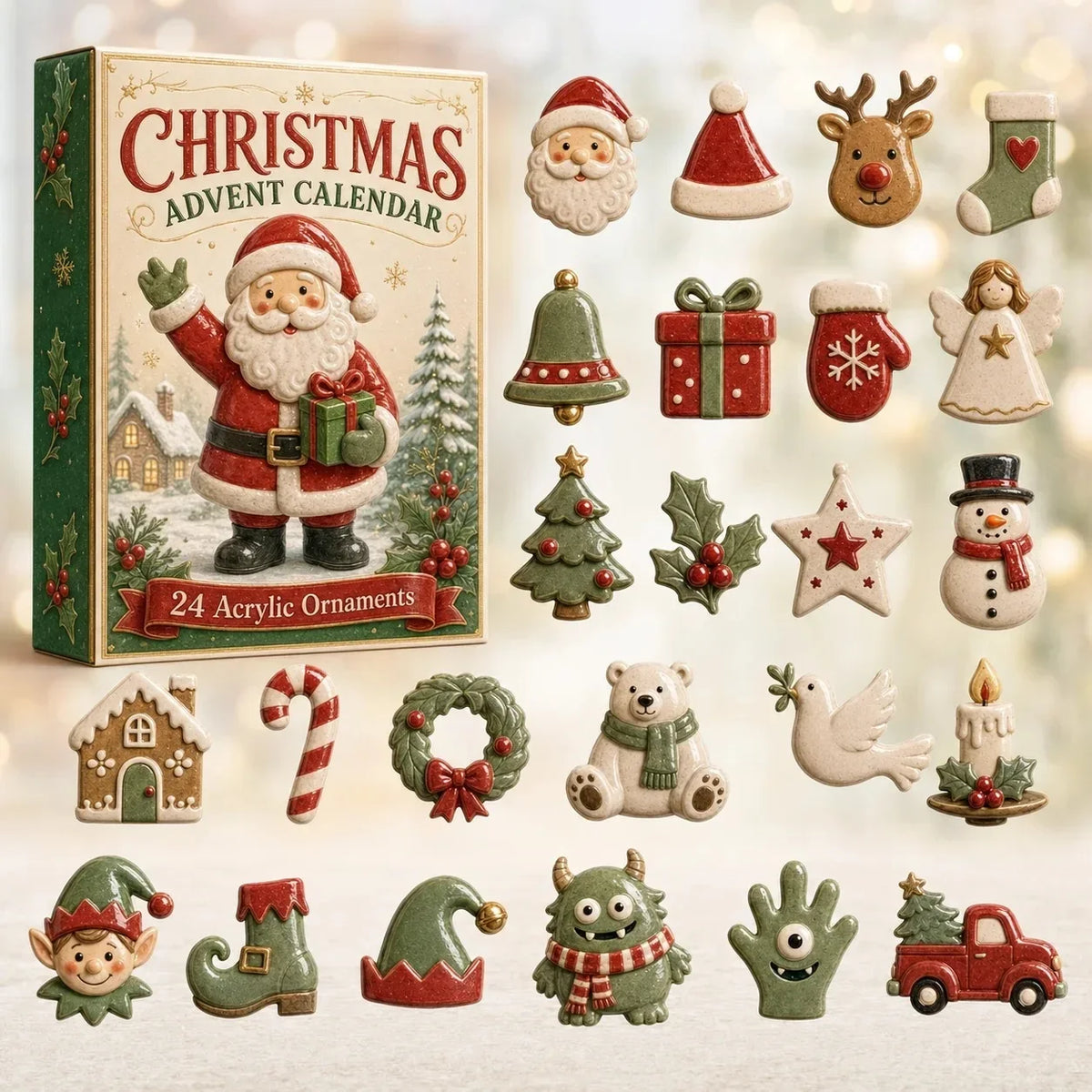 24-Day Mini Christmas Brick Ornament Advent Calendar,2D Acrylic Christmas Tree Backpack Pendant Holiday Countdown Gift