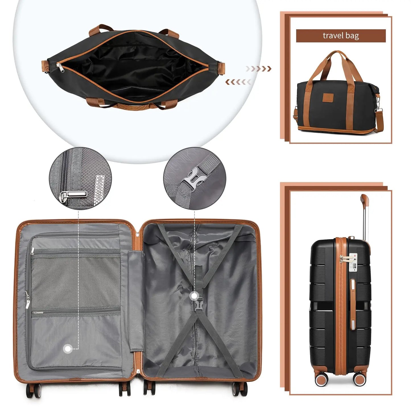 British Traveller Lightweight Hard Shell Luggage Set with TSA Lock, Spinner Wheels, 20" 24" 28" Travel Suitcases,Black