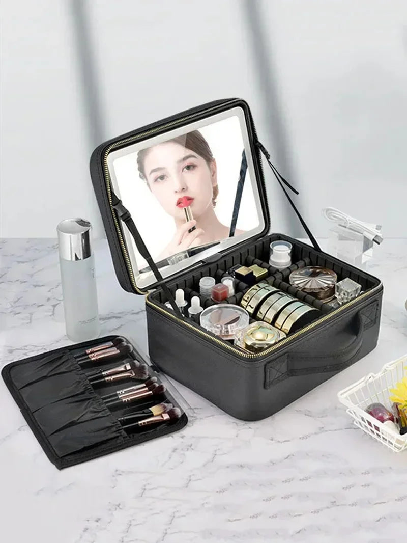 LED Lighted Makeup Bag with Mirror Large Capacity Travel Cosmetic Case Women Beauty Storage Organizer