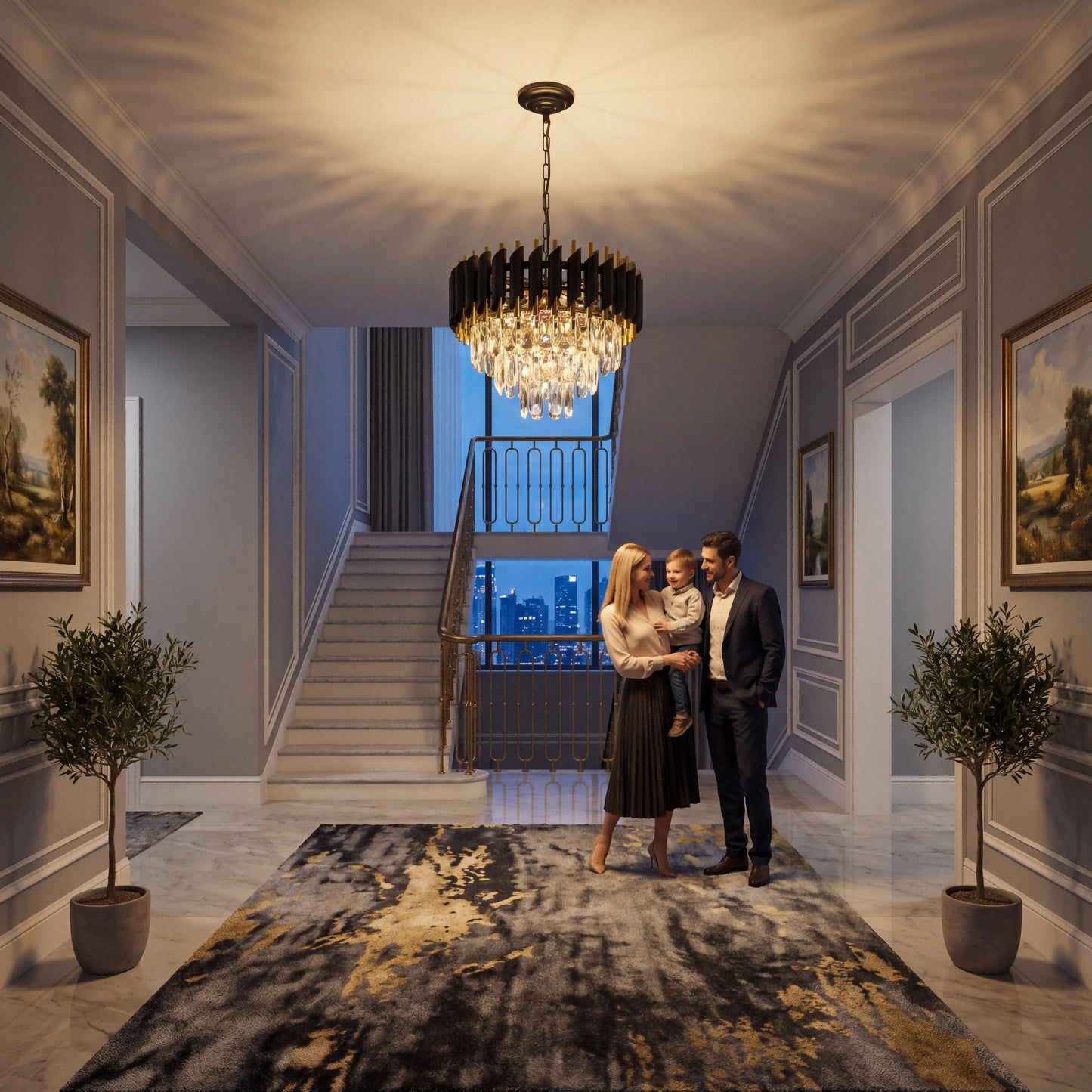 Modern Black and Gold Crystal Chandelier, Adjustable Chain Hanging Ceiling Light Fixture - dining room/living room/bedroom/foyer