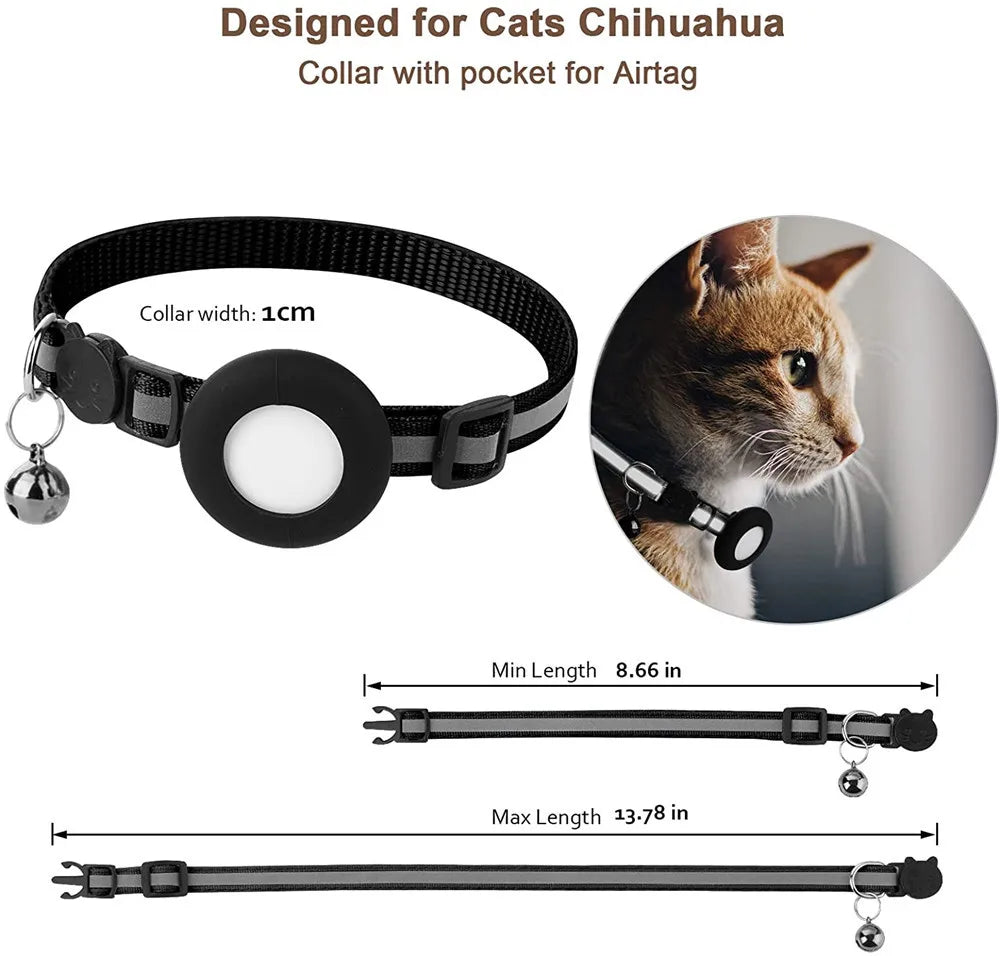 Airtag Cat Collar, Reflective Breakaway Safety Buckle with Bell, Adjustable Anti-Lost GPS Collar Holder for Kittens Puppies