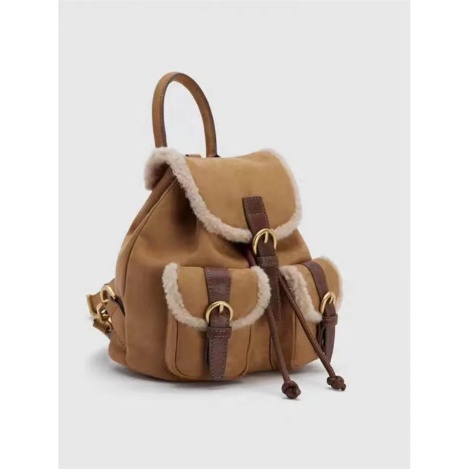 Retro Velvet Pocket Backpack Korean Indie Suede Casual Women’s Backpack New Autumn/Winter Style Versatile Patchwork School Bag