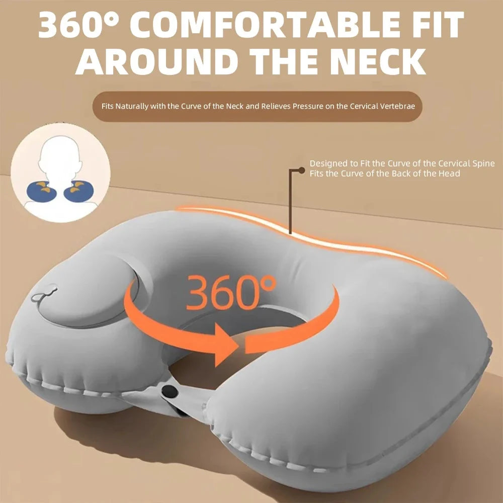 U Shaped Inflatable Travel Pillow Push Pump Portable Air Neck Support Cushion