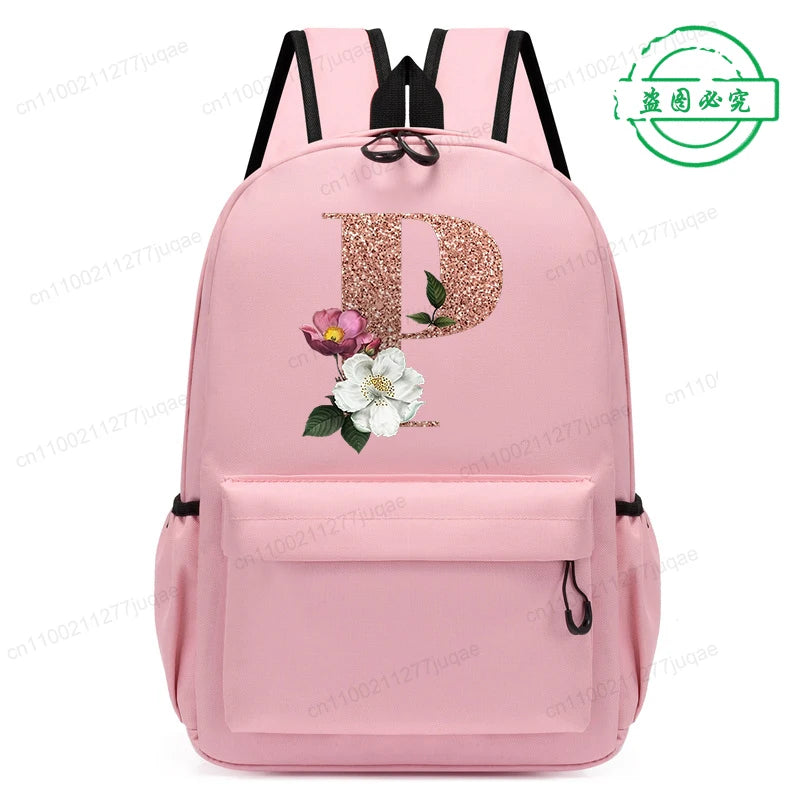 Cute Rose Gold Letter A~Z Kawaii Back To School Backpack for Girl Boy Children Rucksack Fashion Casual School Bags Birthday Gift