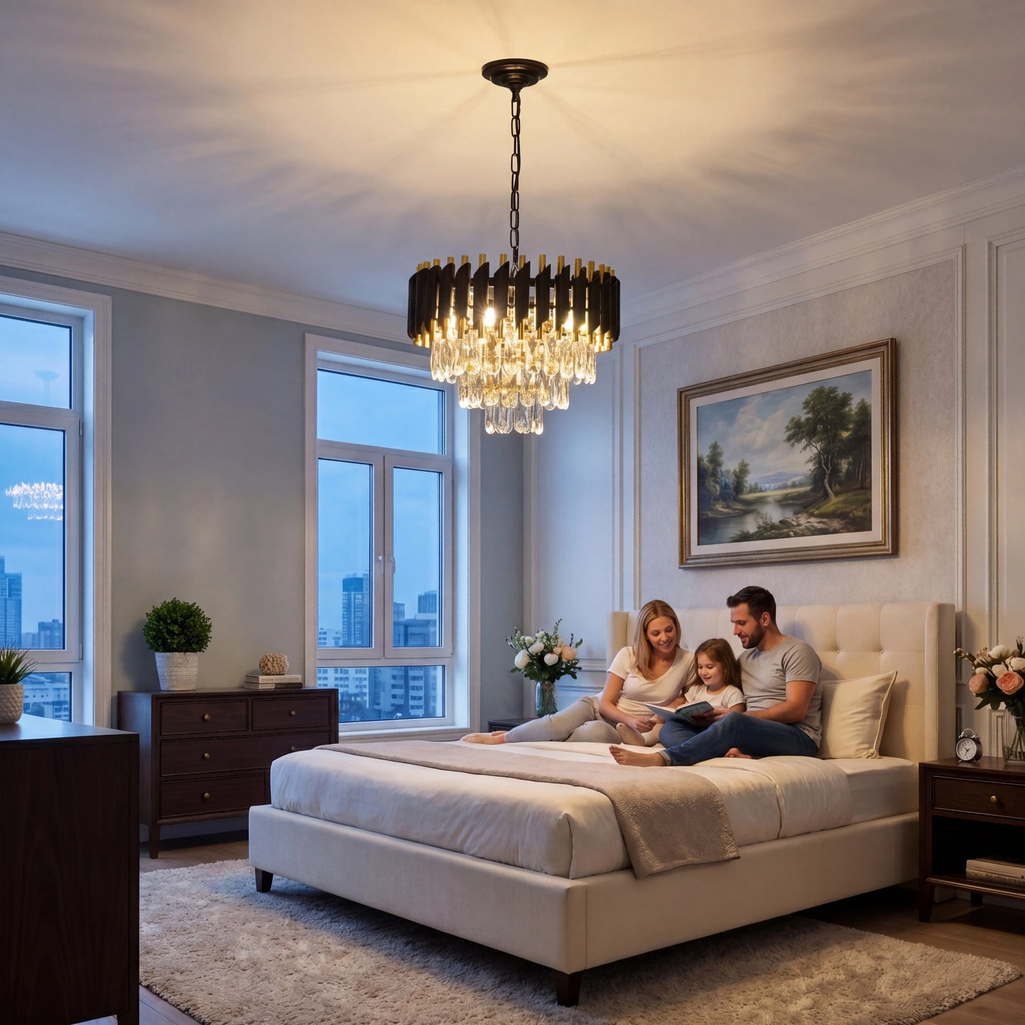 Modern Black and Gold Crystal Chandelier, Adjustable Chain Hanging Ceiling Light Fixture - dining room/living room/bedroom/foyer