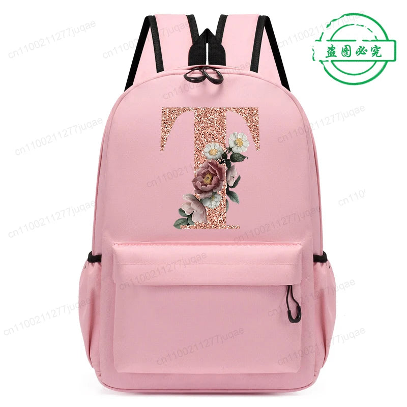 Cute Rose Gold Letter A~Z Kawaii Back To School Backpack for Girl Boy Children Rucksack Fashion Casual School Bags Birthday Gift