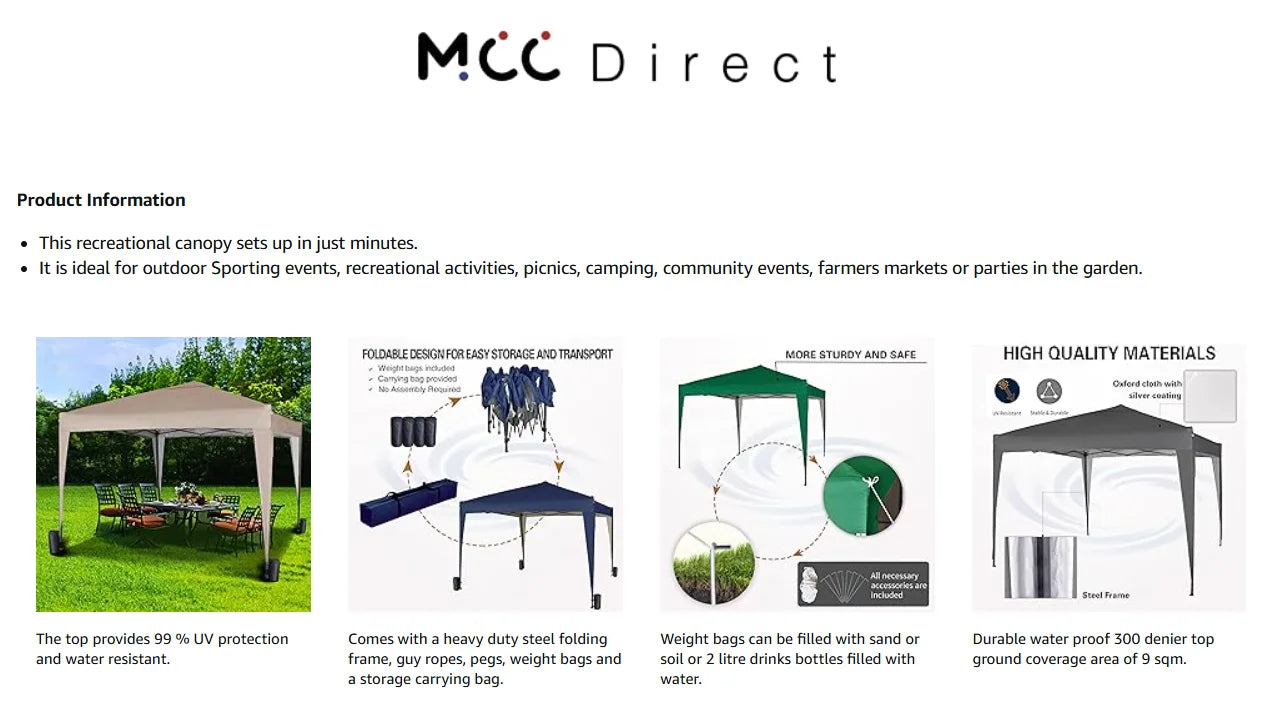 Mcc direct 3x3m Pop-up Gazebo Waterproof Outdoor Garden Marquee Canopy NS
