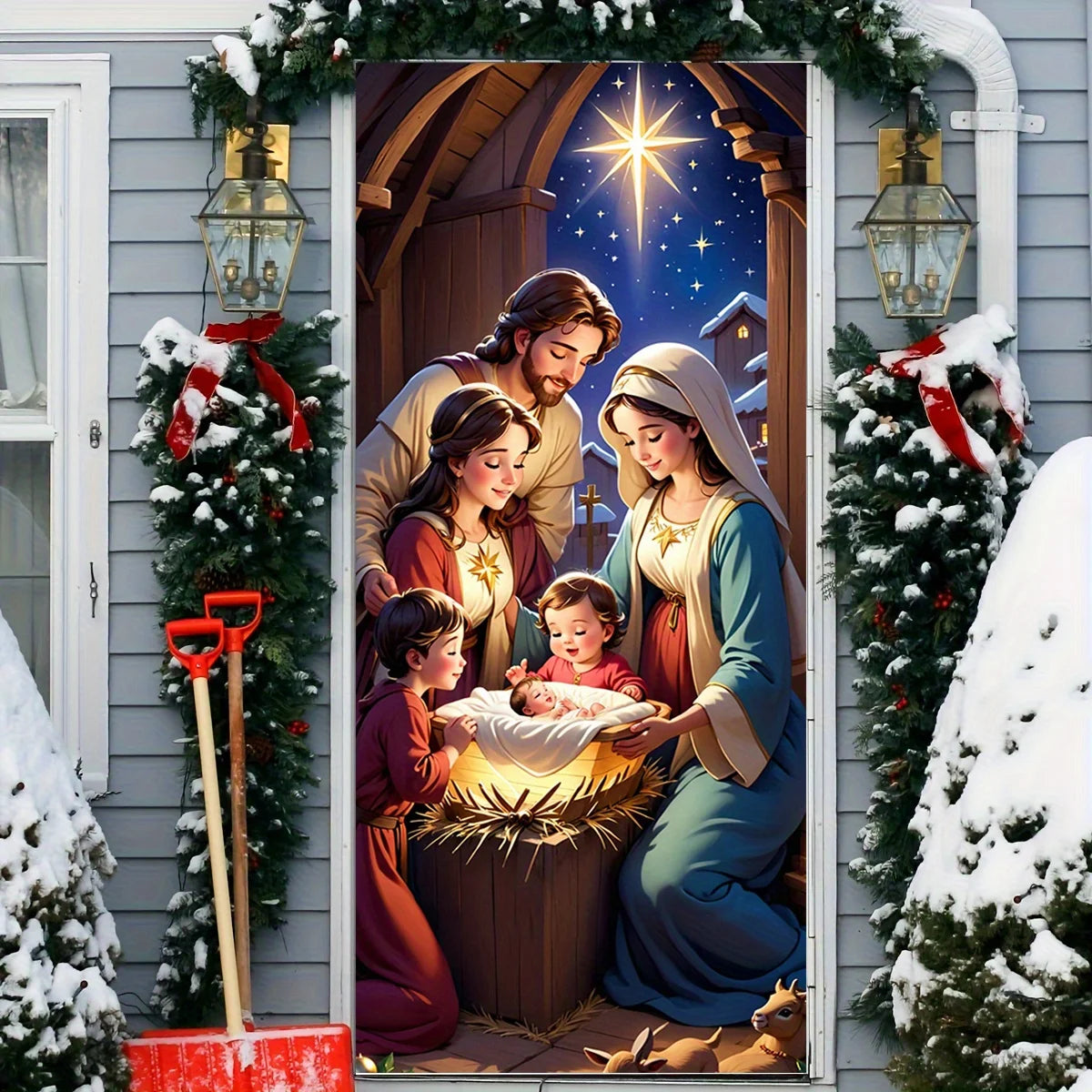 A Christmas door ornament with a warm family scene and elegant floral wreath