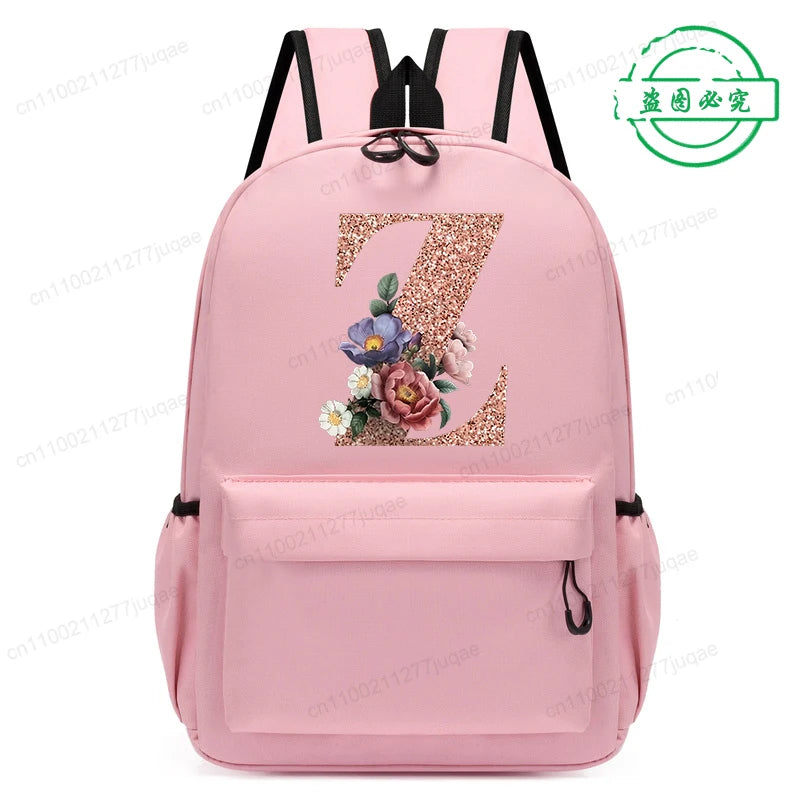 Cute Rose Gold Letter A~Z Kawaii Back To School Backpack for Girl Boy Children Rucksack Fashion Casual School Bags Birthday Gift
