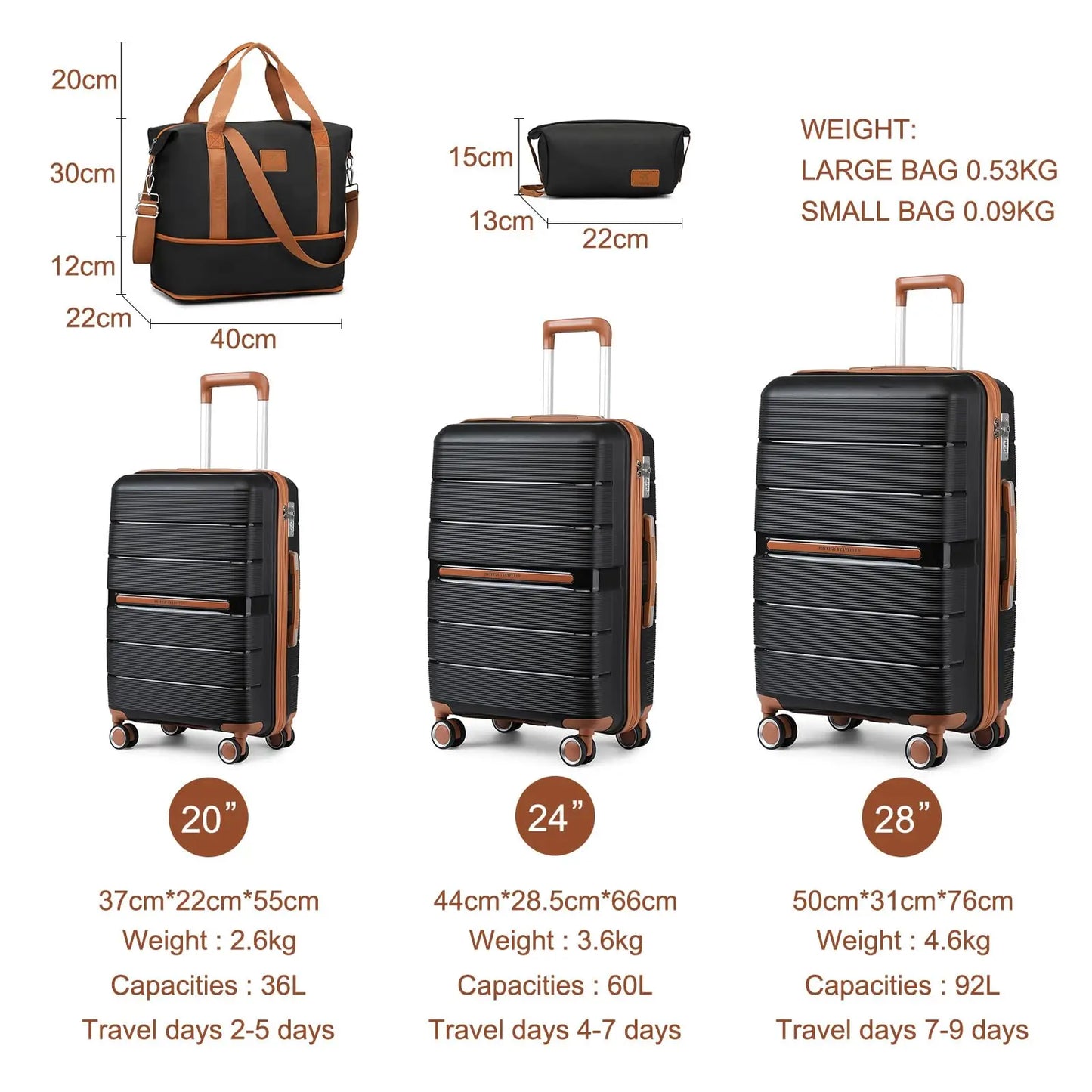 British Traveller Lightweight Hard Shell Luggage Set with TSA Lock, Spinner Wheels, 20" 24" 28" Travel Suitcases,Black