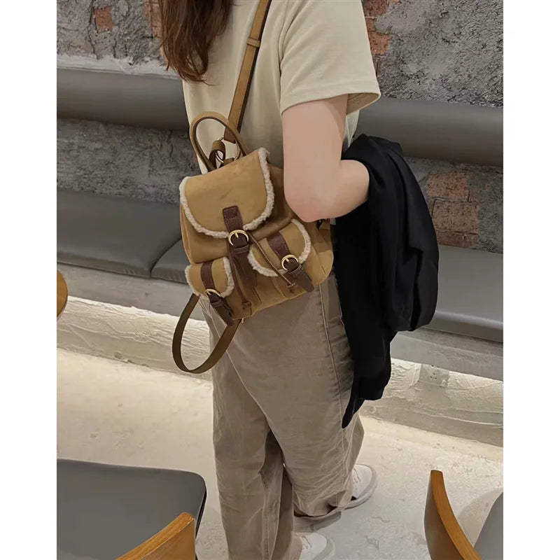 Retro Velvet Pocket Backpack Korean Indie Suede Casual Women’s Backpack New Autumn/Winter Style Versatile Patchwork School Bag