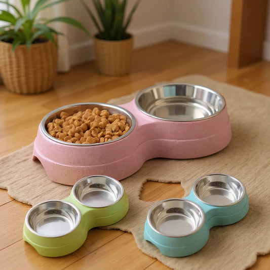 Dual Bowl Stainless Steel Pet Bowls for Dogs and Cats - Non-Skid Base