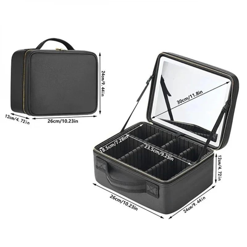 LED Lighted Makeup Bag with Mirror Large Capacity Travel Cosmetic Case Women Beauty Storage Organizer