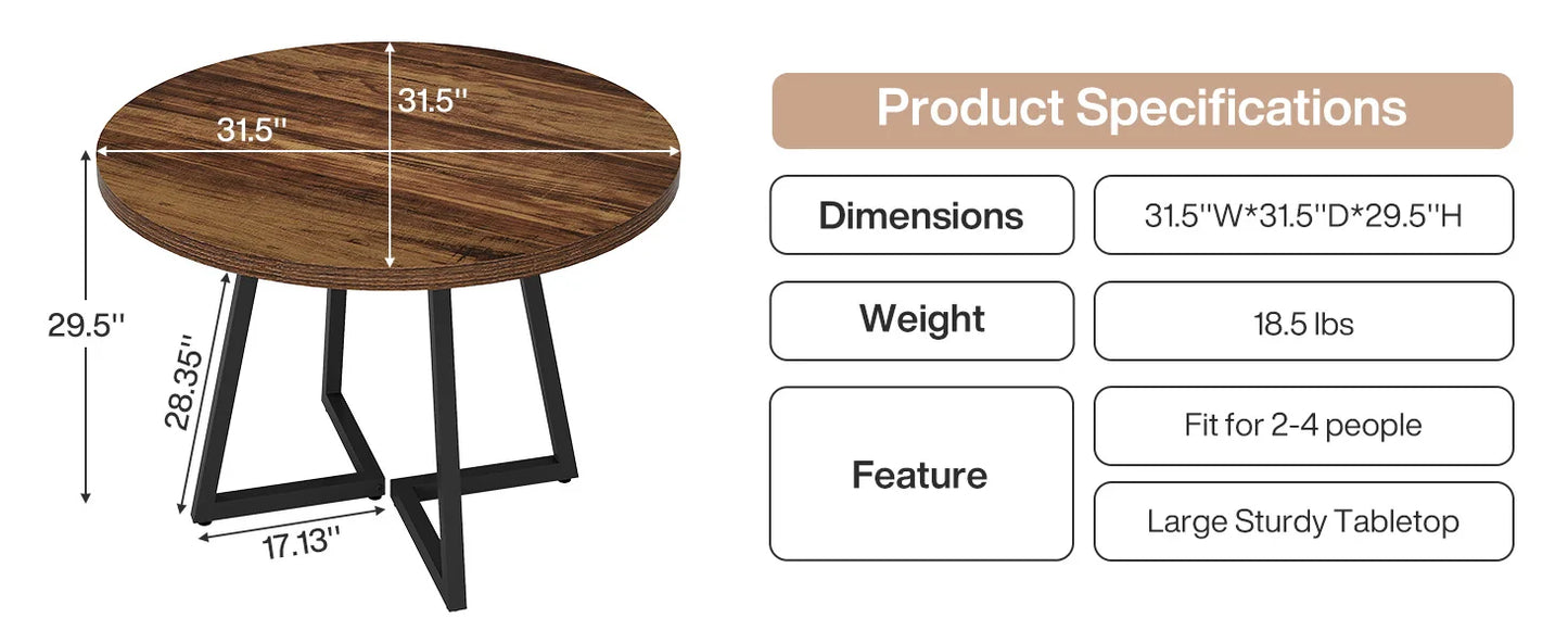 Tribesigns 80 cm Round Dining Table for 2, Industrial Kitchen Table with Metal Base, Small Table for Dining Room, Small Space