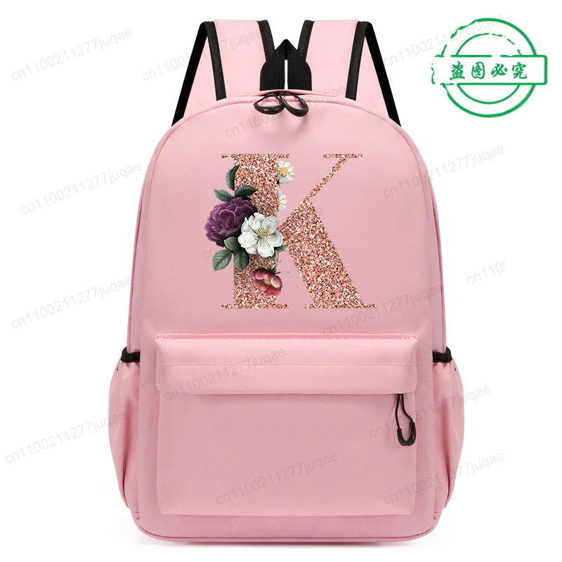 Cute Rose Gold Letter A~Z Kawaii Back To School Backpack for Girl Boy Children Rucksack Fashion Casual School Bags Birthday Gift