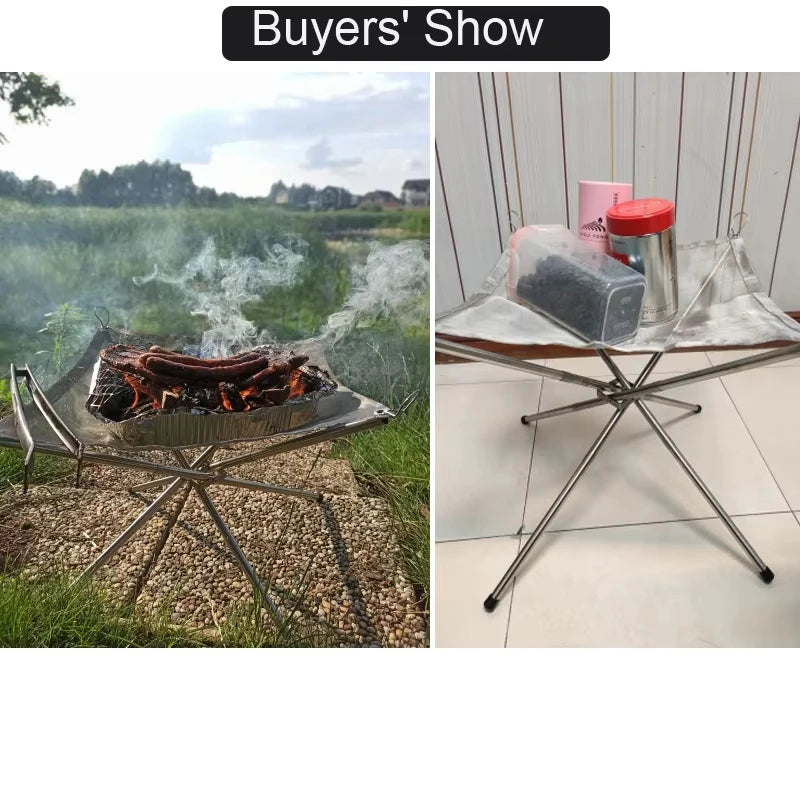 Portable Outdoor BBQ Bonfire Rack, BBQ Fire Pit Grill, Stainless Steel Mesh Fire Pit Wood Stove Stand, Foldable Fire Frame Rack