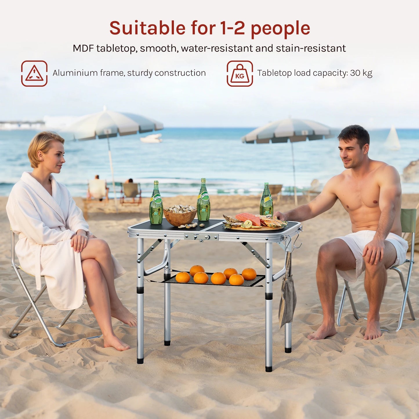 WOLTU Folding Table Height Adjustable Portable Table Top with Storage Net and Hooks for Picnic Garden Camping Outdoor