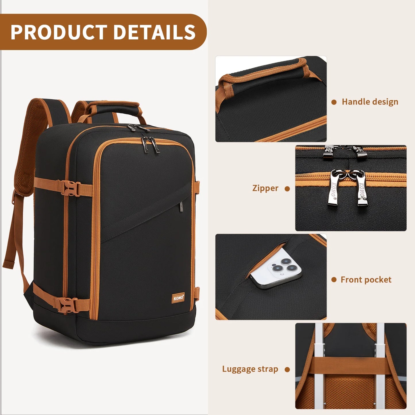 Kono 40x30x20cmRyanair Cabin Backpack Underseat  Carry-On with 15.6" Laptop Compartment - Travel Rucksack