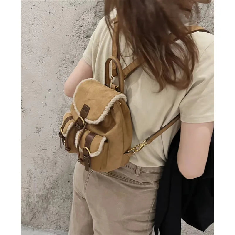 Retro Velvet Pocket Backpack Korean Indie Suede Casual Women’s Backpack New Autumn/Winter Style Versatile Patchwork School Bag
