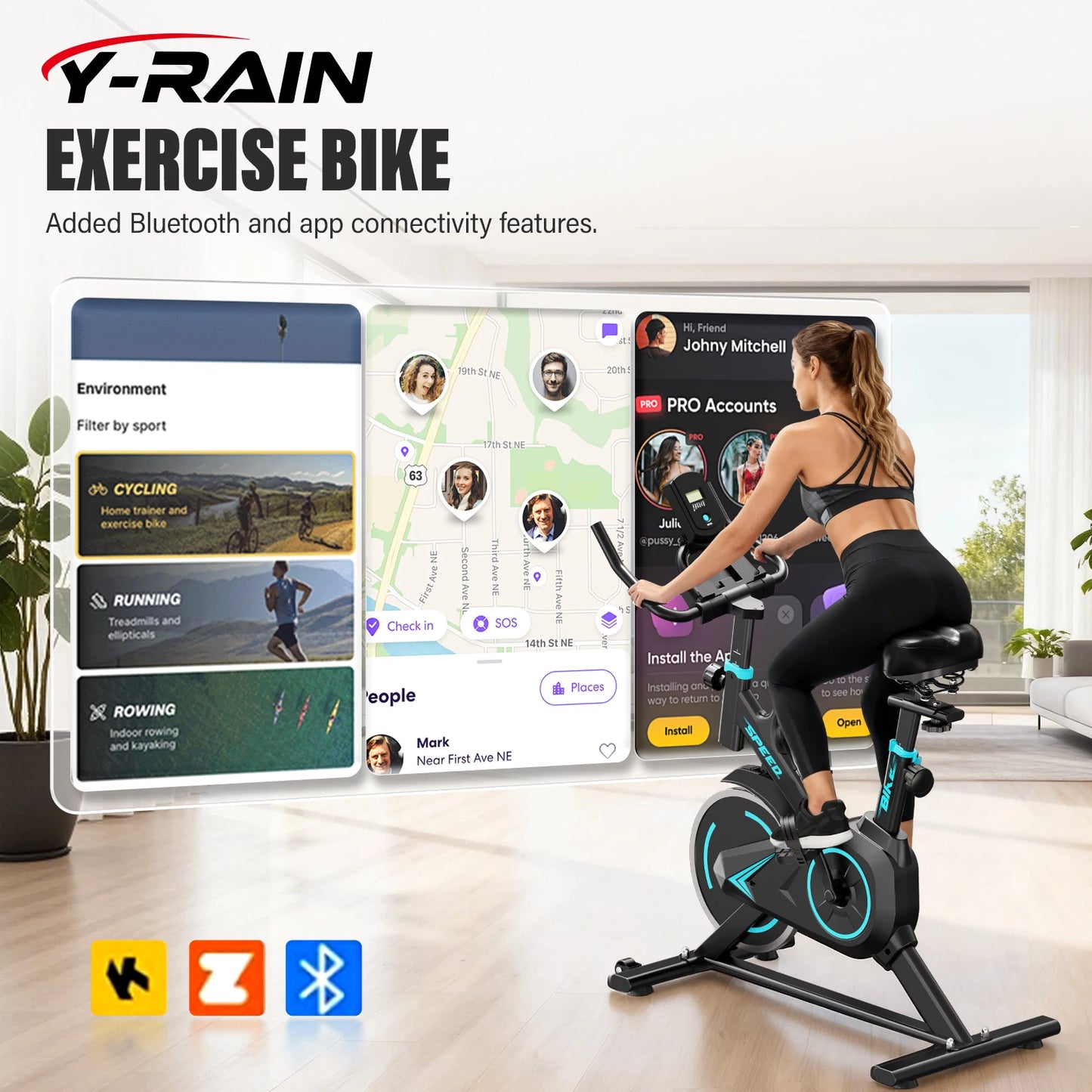 Upright Spin Exercise Bike, Silent Air Bike Home Gym Fitness Trainer, Zwift APP Connected, Stepless Resistance Adjustment, Easy